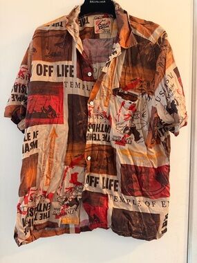 Vintage Graphic Short Sleeve Button-Up Shirt in Brown Red Cream